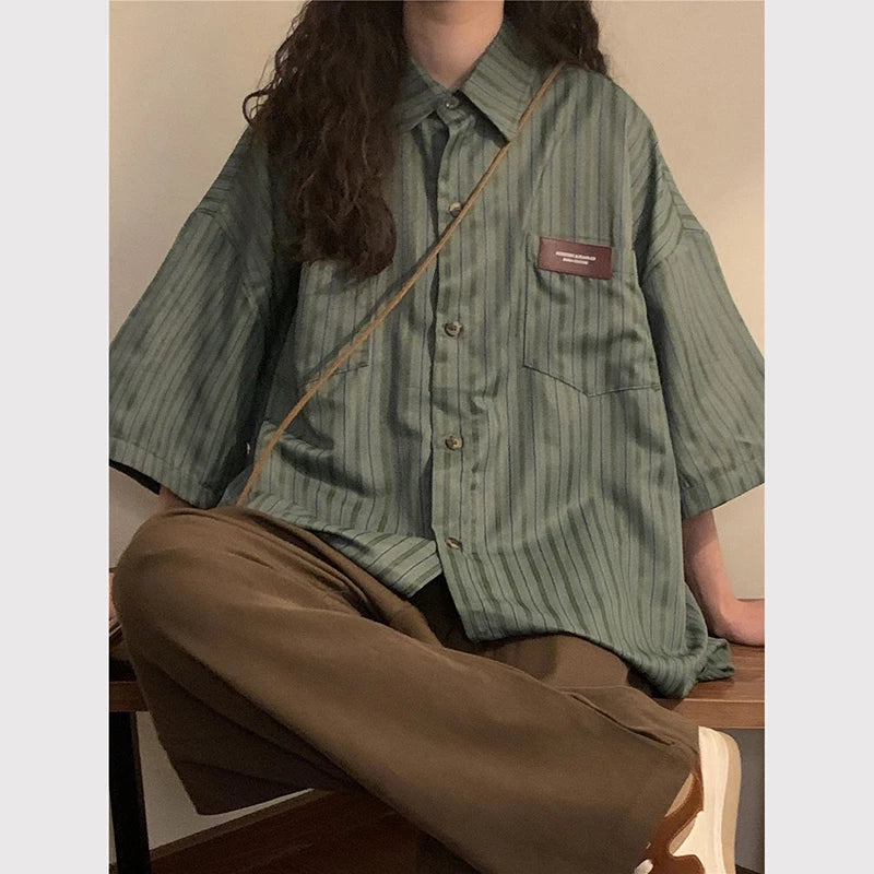 Vintage Striped Women with Tie Blouses Harajuku Oversized Loose Preppy Tops Japanese Summer Fashion Long Sleeve Shirts