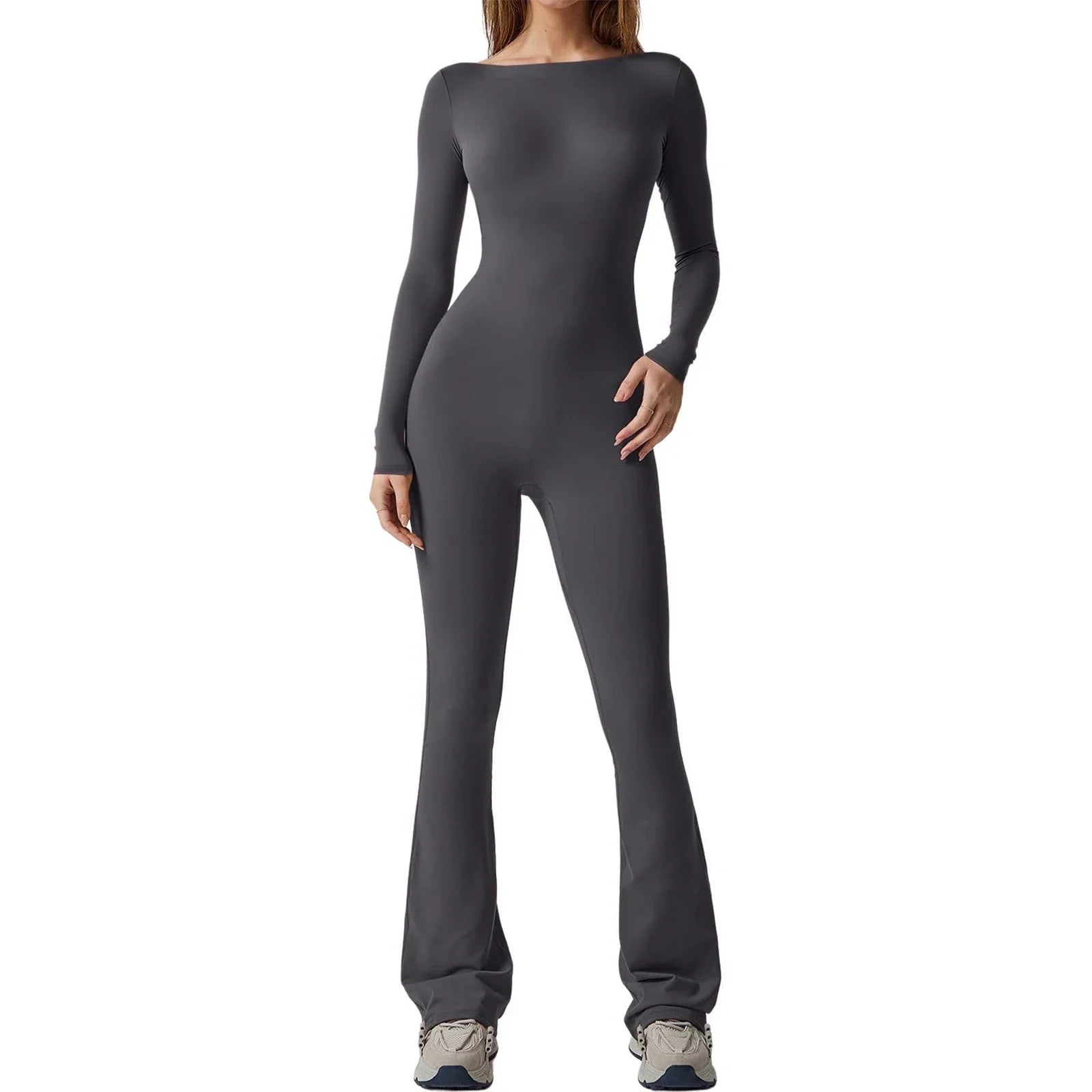 Women s Sexy Tight Backless Long Sleeve Flare Jumpsuits Bodycon Solid Color Bottom Pants Romper Playsuit Streetwear GRAY