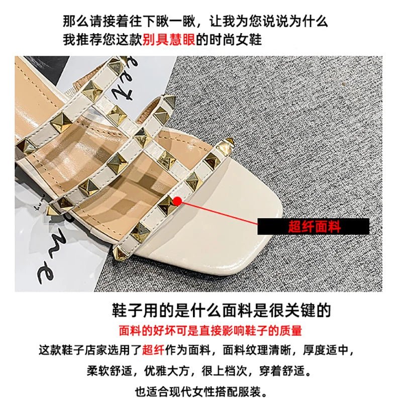 Summer low heel women rivets sandals thin ribbon fashion Korean design girls shoes large size wear slippers free delivery
