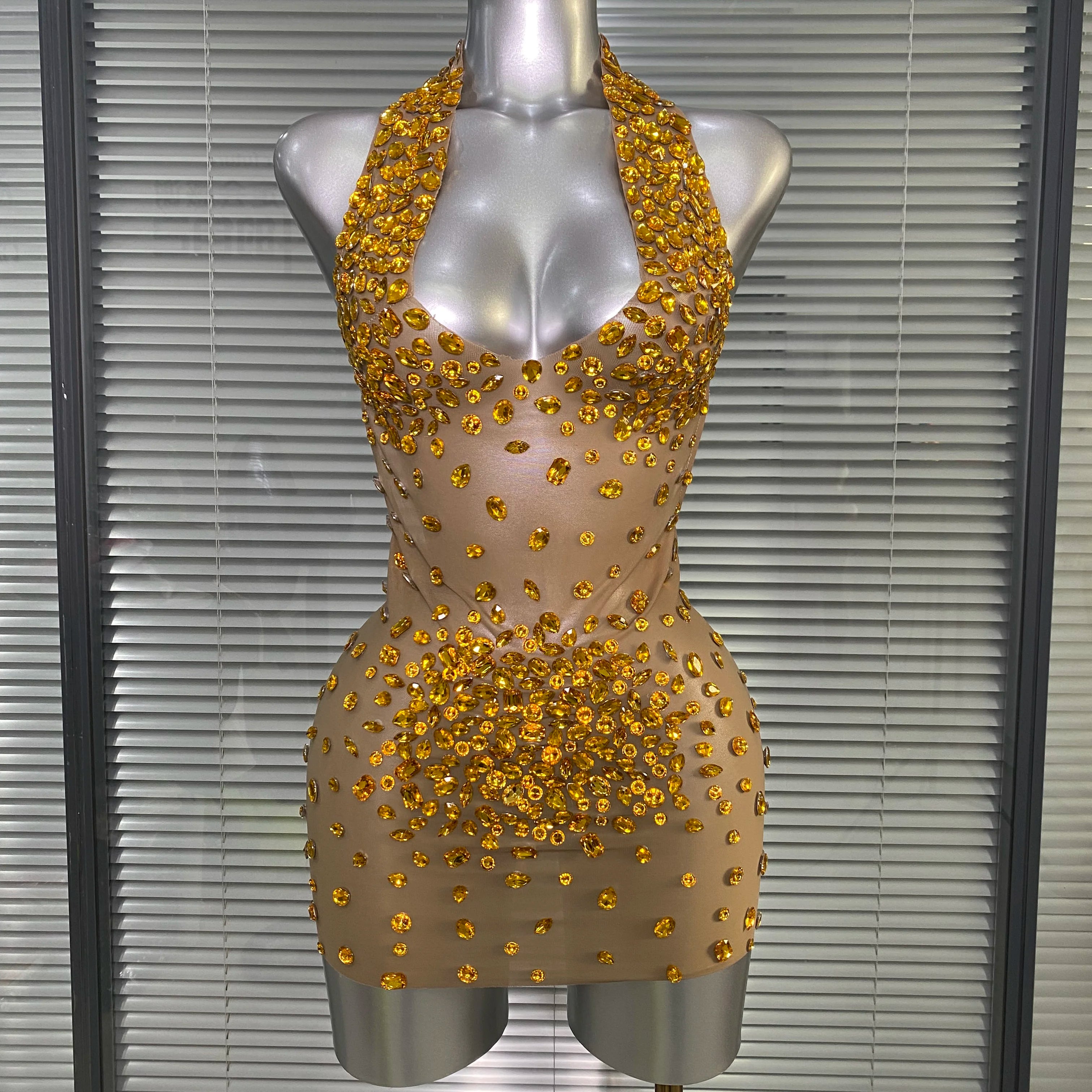 Celebrity New Women Sexy Transparent Mesh Backless Gold Black Costume Stage Dancer Singer Night Club Mini Party Dress