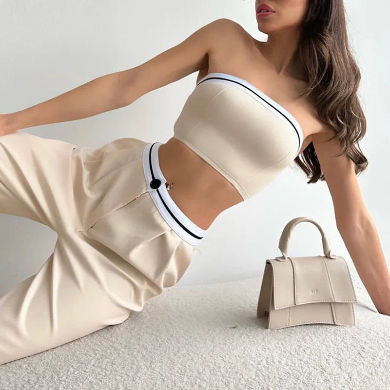 Women's Sexy And Fashionable Pants Set Spring/Summer Spicy Girls Sports Tube Top+High Waist Wide Leg 2 Piece Pant Suit S-2XL APRICOT