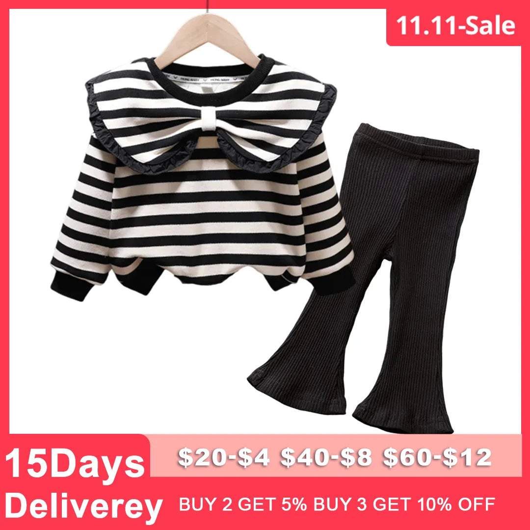 Korea Autumn Kids Clothing Set Baby Girls Cotton Stripe Sweatshirt Tops+Leggings Pants Set Casual Girls Suit Outfits New