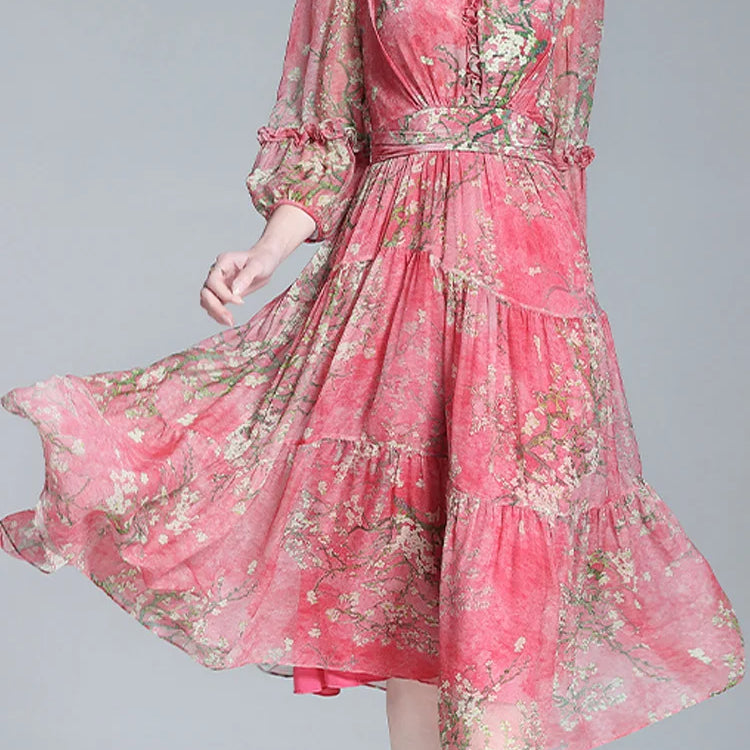 EVNISI Summer Women Boho Chiffon Dress V-Neck Red Elegant Office Floral Printing A-line Dresses Chic For Women Party Vestido