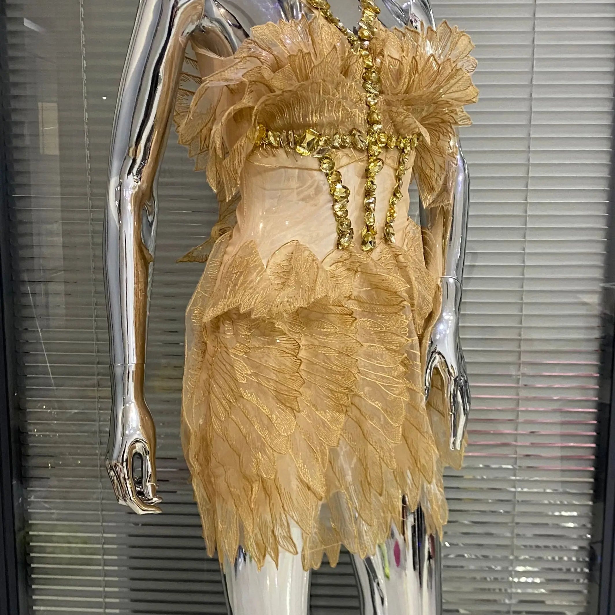 Gold Color Women Sexy Halter Crystal  Bodycon Mini Dress Celebrate Birthday Party Girls' Nightclub Bar SInger Dress