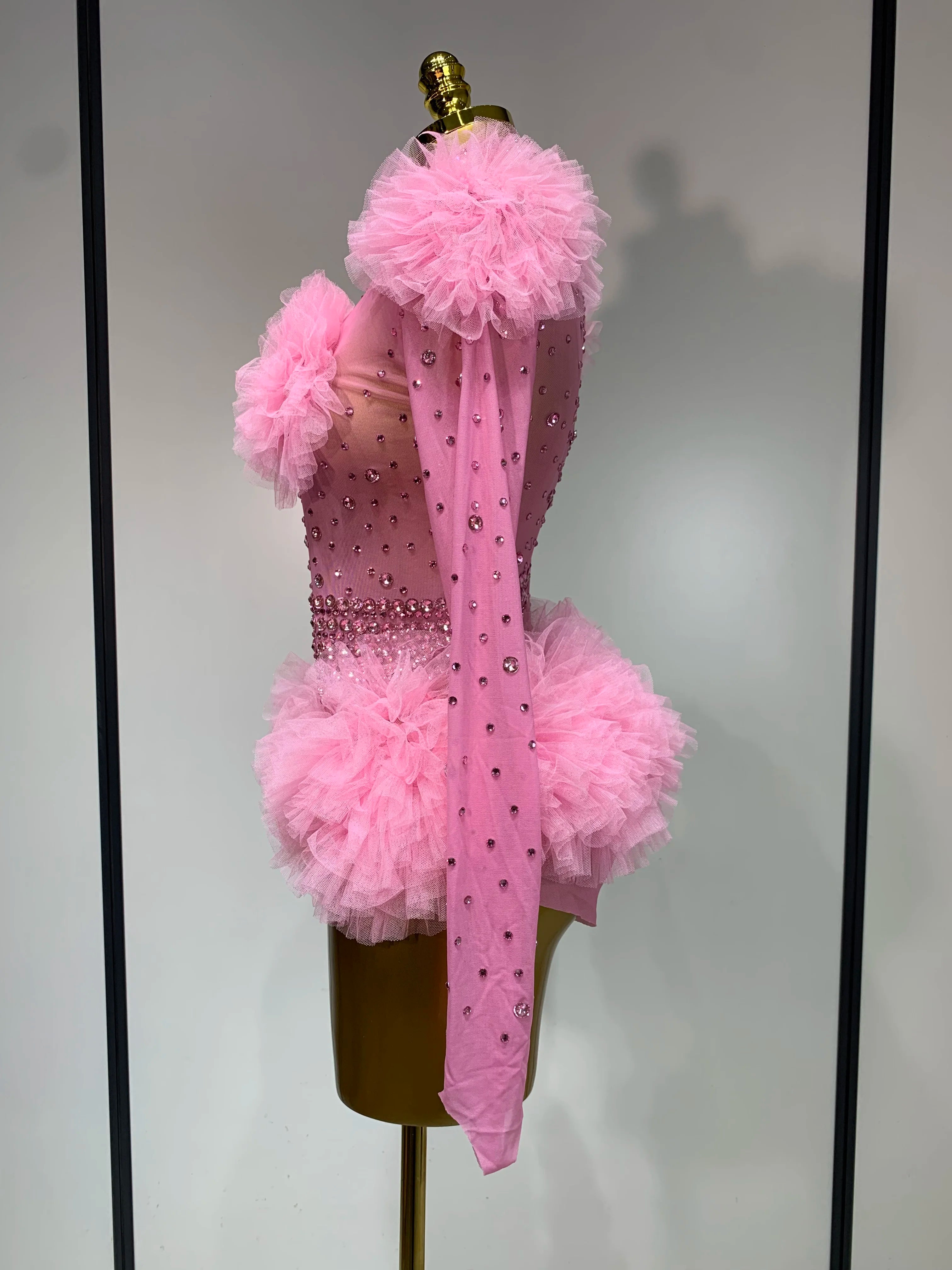 Sexy See Through Rhinestone Bodysuit 2025 Women Sexy Tight Mesh Ruffles Performance Dancer Singer Costume Nightclub Stage Outfit