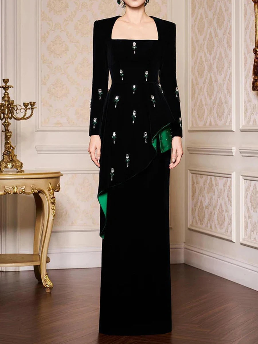 TWOTWINSTYLE Colorblock Spliced Bead Luxurious Two Piece Sets for Women Square Neck Long Sleeves Top High Waist Skirt Set Female