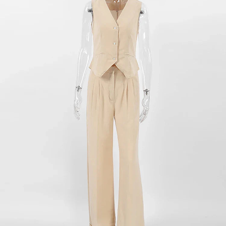 Mnealways18 Khaki Elegant Women 2 Pieces Sets Cotton Linen V-Neck Sleeveless Vest Outfit Summer Vacation Wide Leg Pant Sets 2023 Khaki