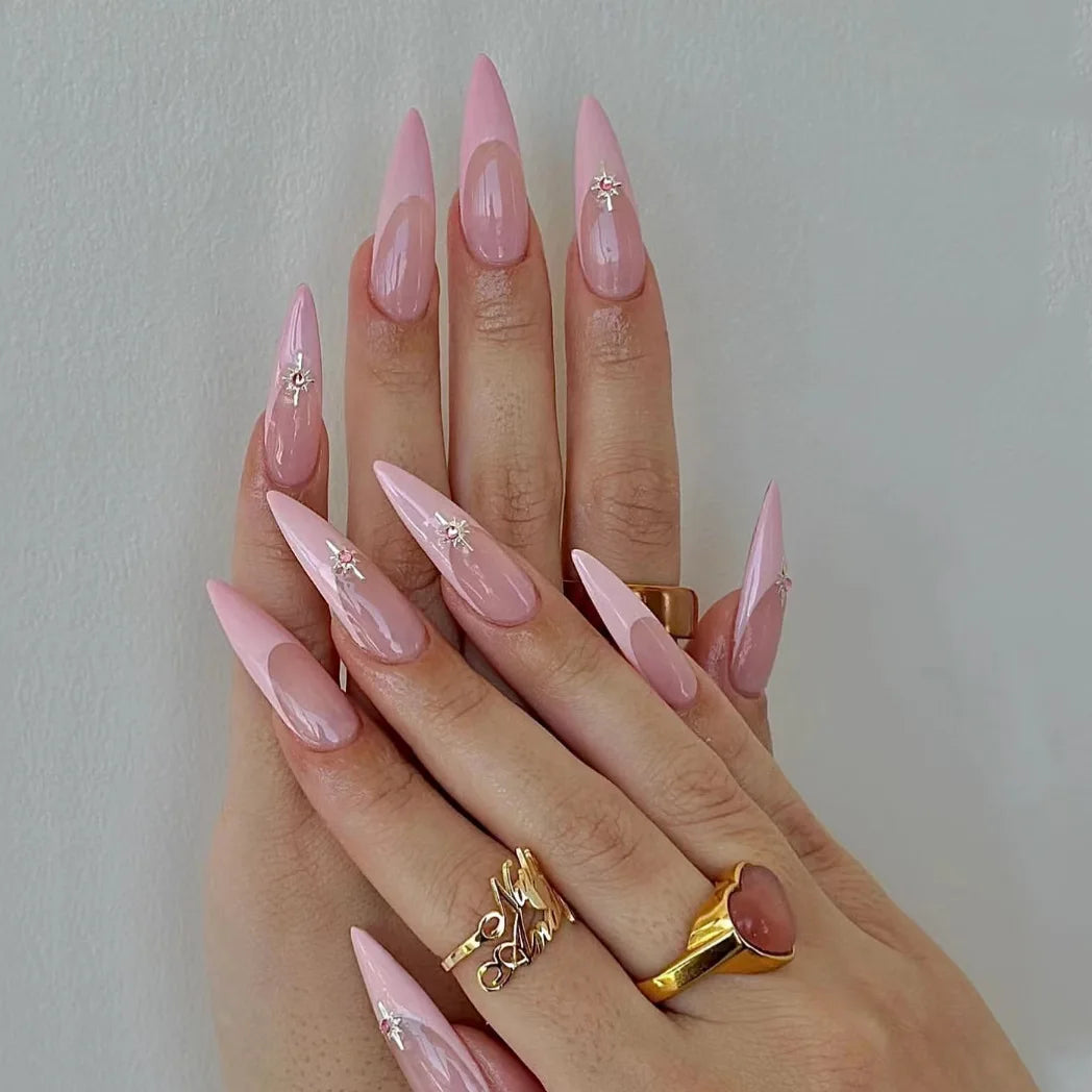 24Pcs Short Pink Fake Nails with French Gradient Design Wearable Almond False Nails Tips Golden Stripe Detachable Press on Nails