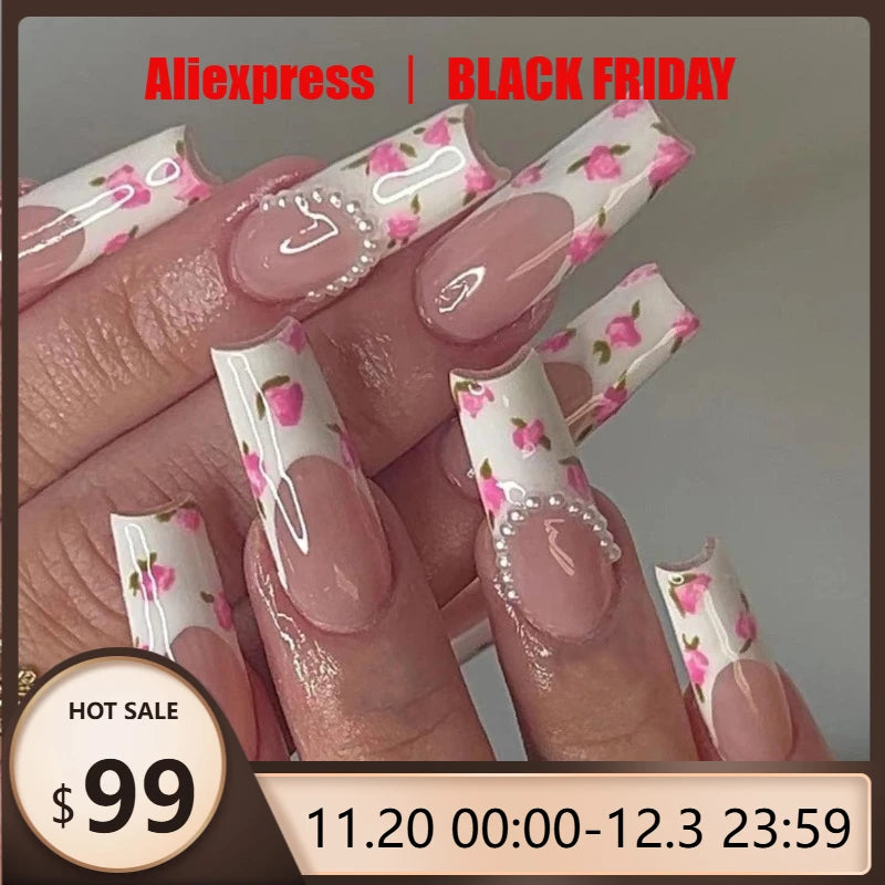 24Pcs Elegant Ballet Press-On Square Nails Pink French Tips with Delicate Floral &Pearl Accents Perfect for Spring Occasions