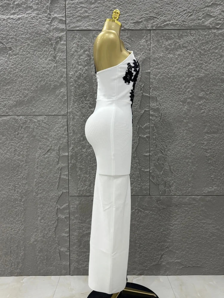 Top Quality Women Sexy One Shoulder Black Lace Bodycon Long Bandage Dress Fashion Celebrate Evening Party Birthday Outfit