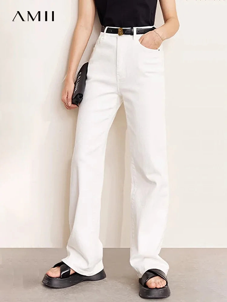 Minimalism Autumn Jeans For Women Straight Trousers Cotton Denim High Waist Wide Leg Casual Loose Pants