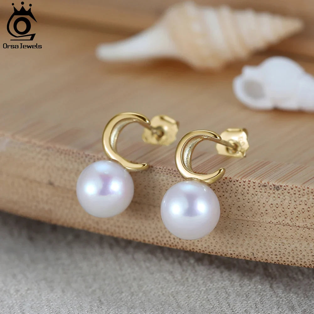 ORSA JEWELS Elegant 14K Gold Plated Freshwater Pearl Earrings for Women Moon Shape Baroque Pearl Eardrop Fashion Jewelry GPE30