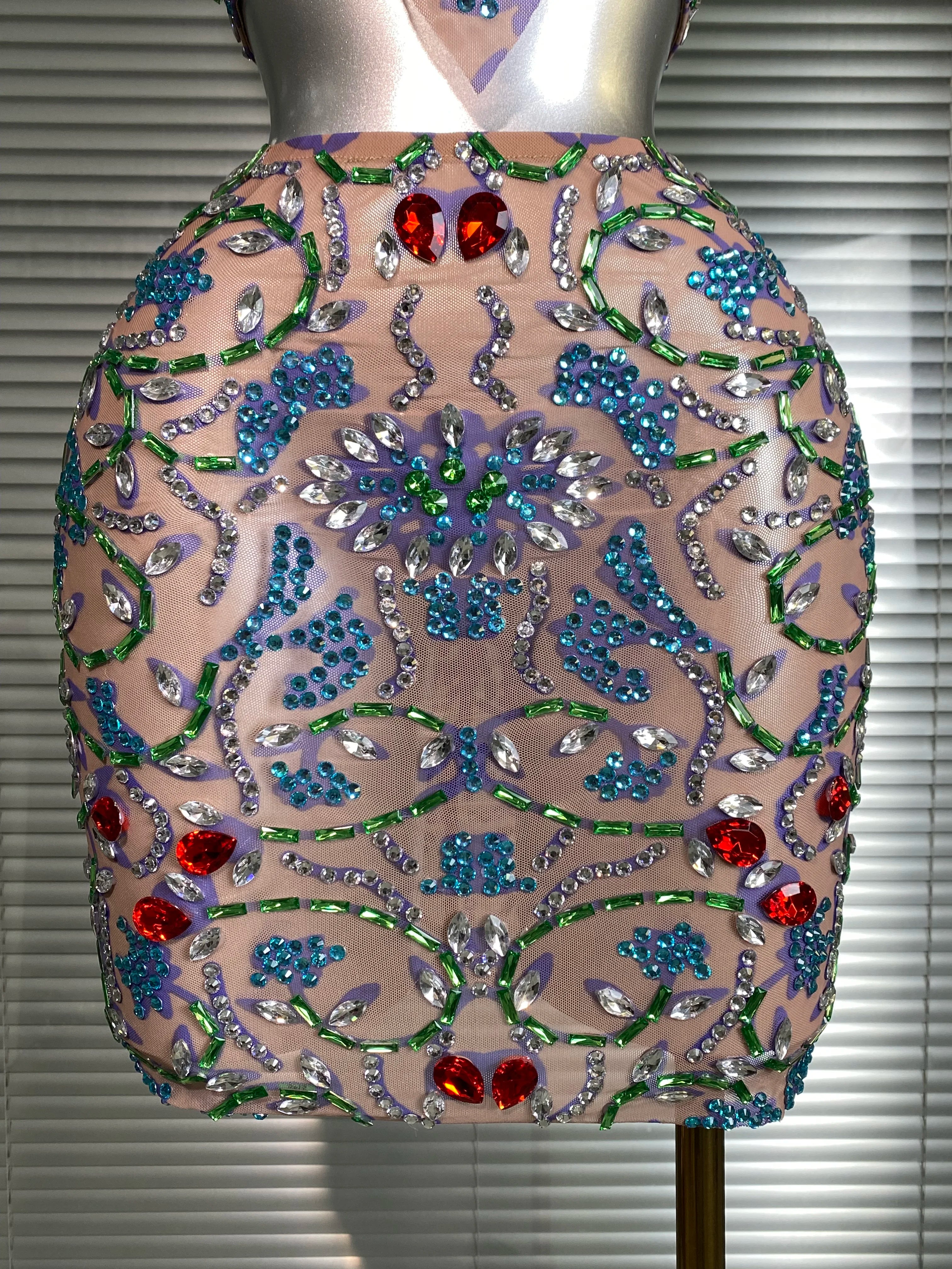 New Women Sexy Two Pieces Set Crystal Diamond Halter Skirt Suits Singer Dancer See Through Stage Performance Costume