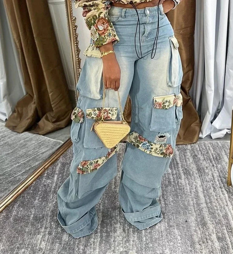 CM.YAYA Washed Denim Women's Set Full Sleeve Floral Jacket and Pockets Cargo Jeans Pants Suit 2024 Street Two 2 Piece Set Outfit Pants