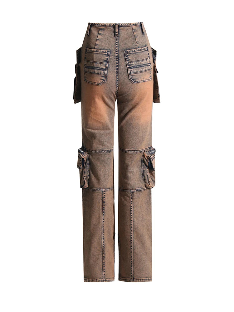 Solid Patchwork Pockets Casual Denim Trousers For Women High Waist Spliced Button Streetwear Loose Cargo Jeans Female New