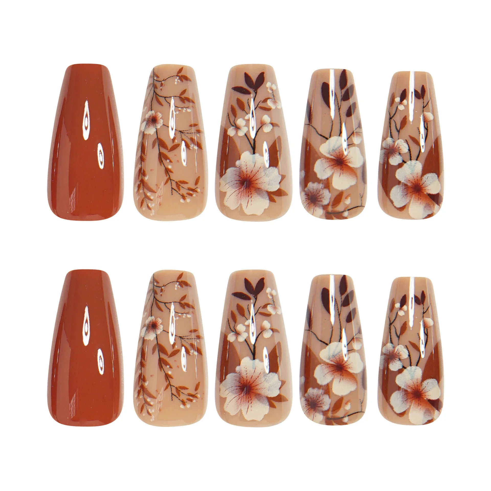 24Pcs Glossy Brown Fake Nails Autumn Almond Press On Nails with Gold Color Leaf Designs Full Cover Stick-on False Nails Patches