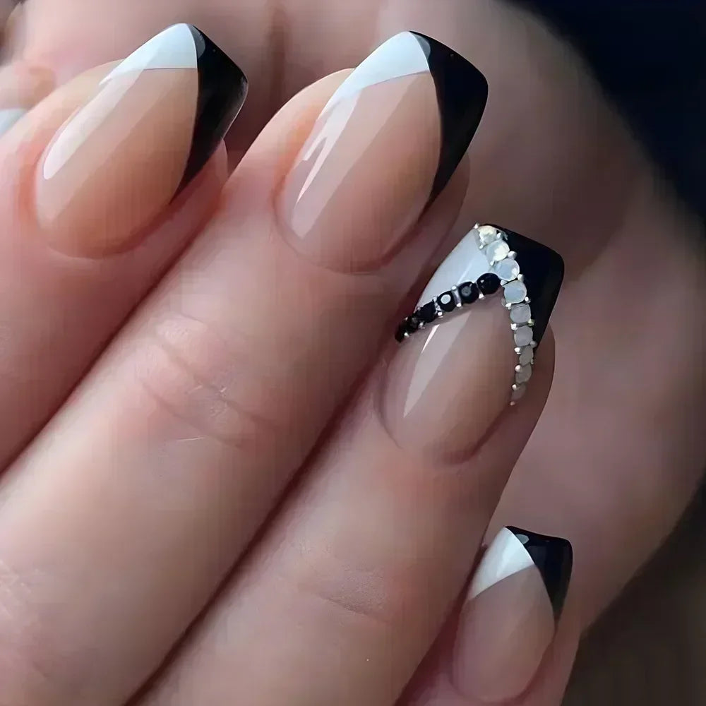 24Pcs Solid Black Short False Nails with Rose Pattern Design Ballerina Square Artificial Full Cover Press on Nail Tips for Girls