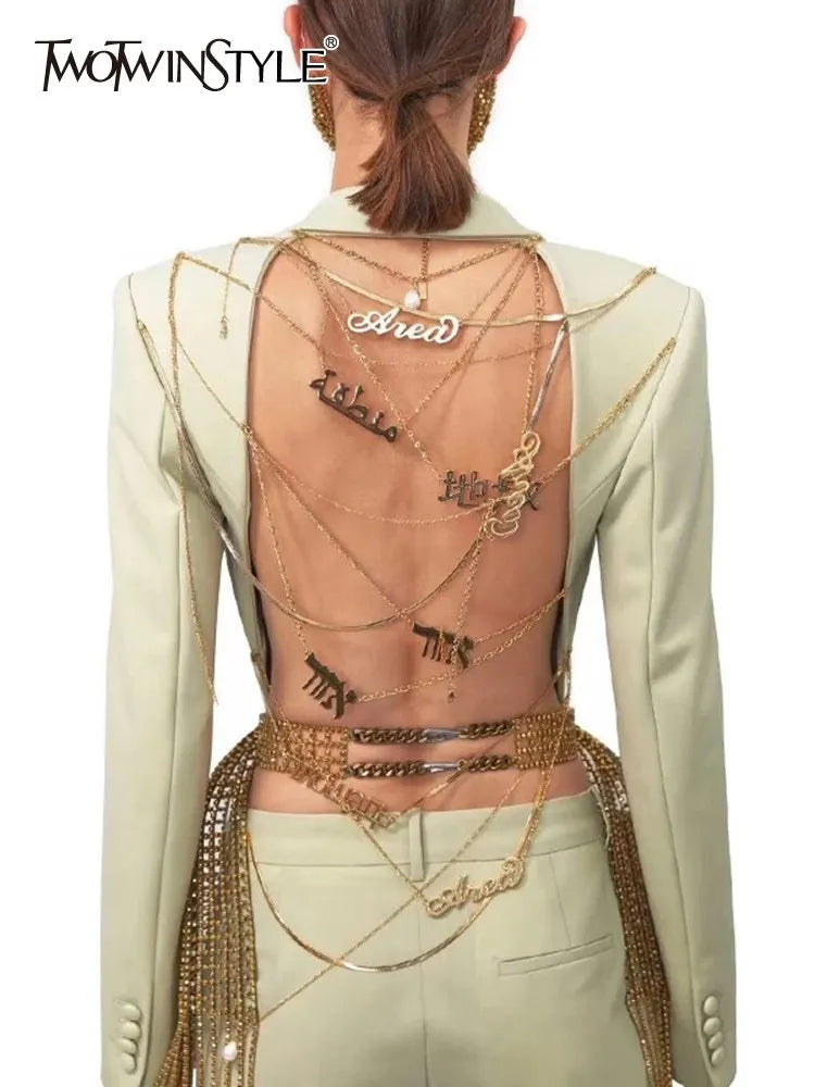 Blazers dos nu à boutons épissés pour femmes, col cranté, manches longues, patchwork, chaîne, chic, mode féminine, nouveauté