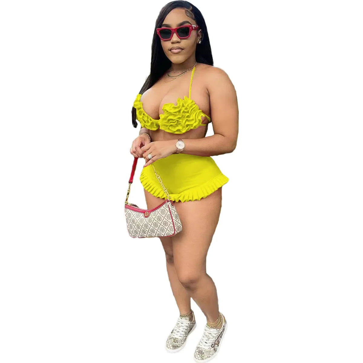 CM.YAYA Women's Set Ruffles Crop Top Bra and Shorts Bikini Set Streetwear Casual Two 2 Piece Outfits Summer 2024 Beach Holiday
