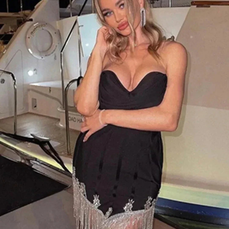 Women Summer Sexy Strapless Diamonds Crystal Black Blue White Mini Bodycon Bandage Dress Elegant Evening Club Party Dresses black