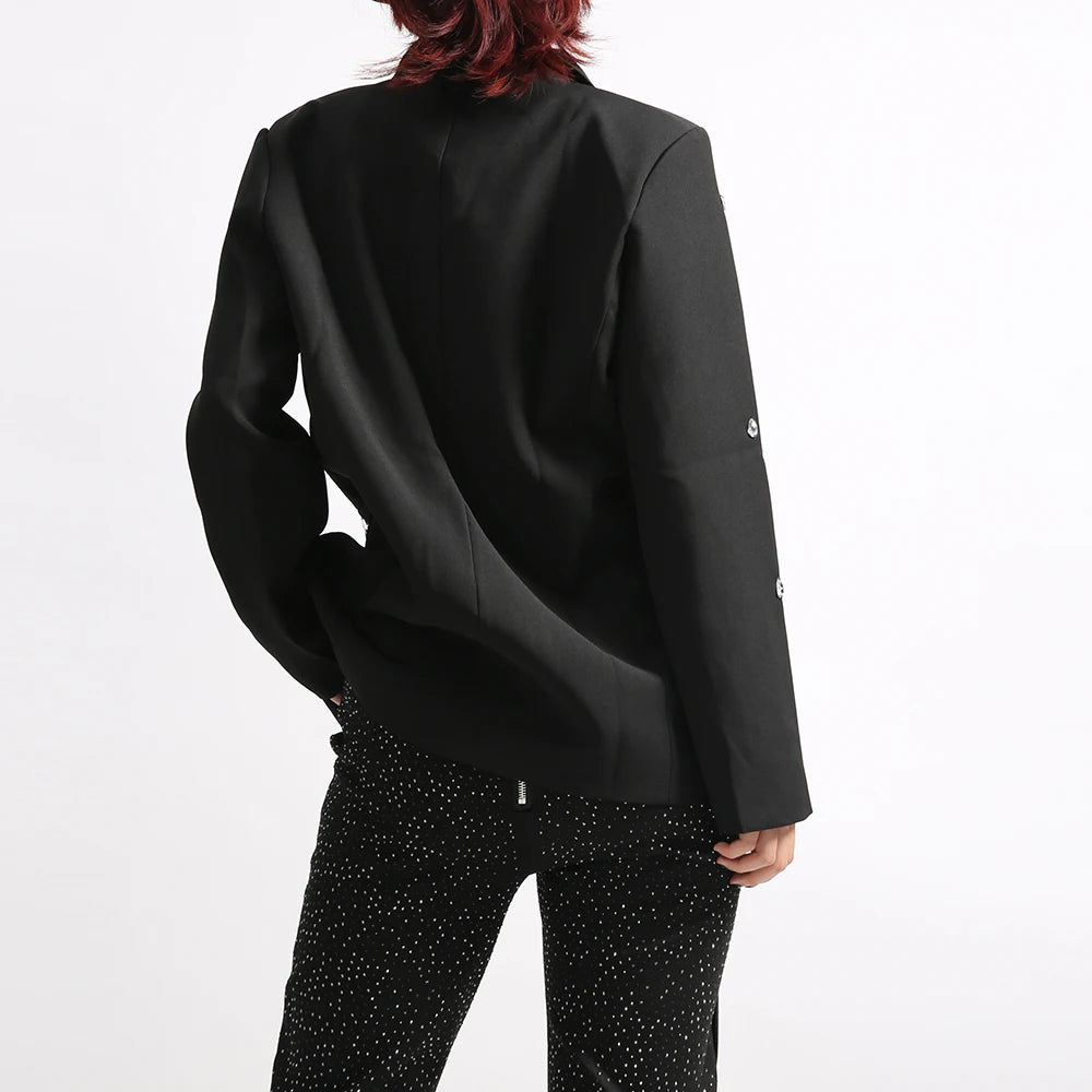 TWOTWINSTYLE Solid Loose Spliced Bead Elegant Jackets for Women Lapel Long Sleeves Patchwork Button Jacket Female Clothing New