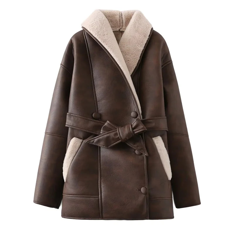 Two-color fur all-in-one coat for women in autumn and winter new fashionable and warm mid-length leather coat with belt Coffee color