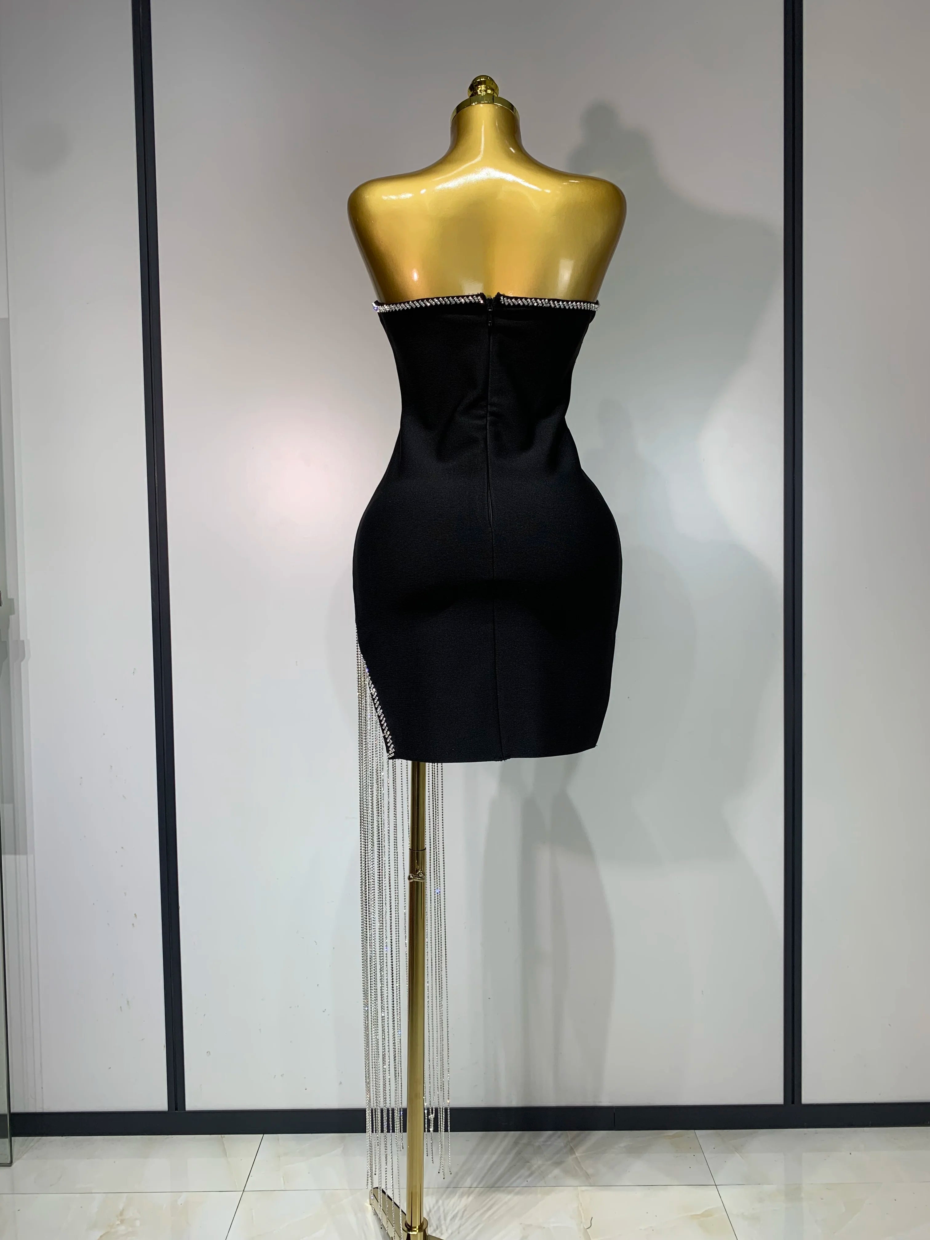 Women Celebrity Sexy Strapless Backless Black Diamond Tassels Mini Bodycon Bandage Dress 2025 Elegant Evening Club Party Dresses