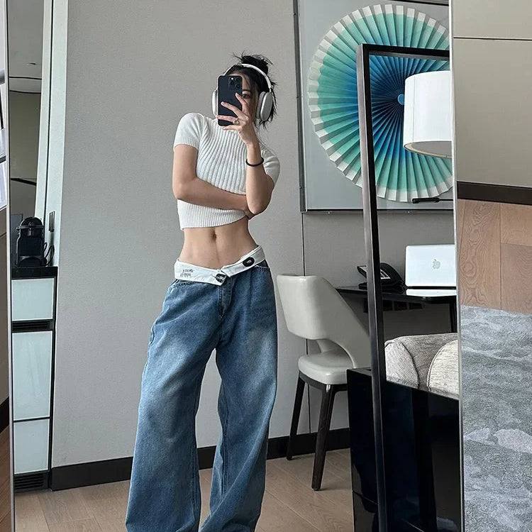 Vintage Y2k Jeans Women Baggy Kpop Gyaru Streetwear Wide Blue Denim Pants Harajuku Korean Acubi Fashion High Waist Jeans