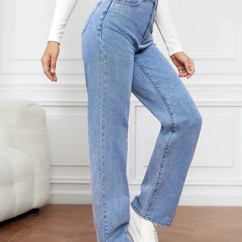 Elastic Washed Denim Fashion Straight Pants Jeans Women's Pants
