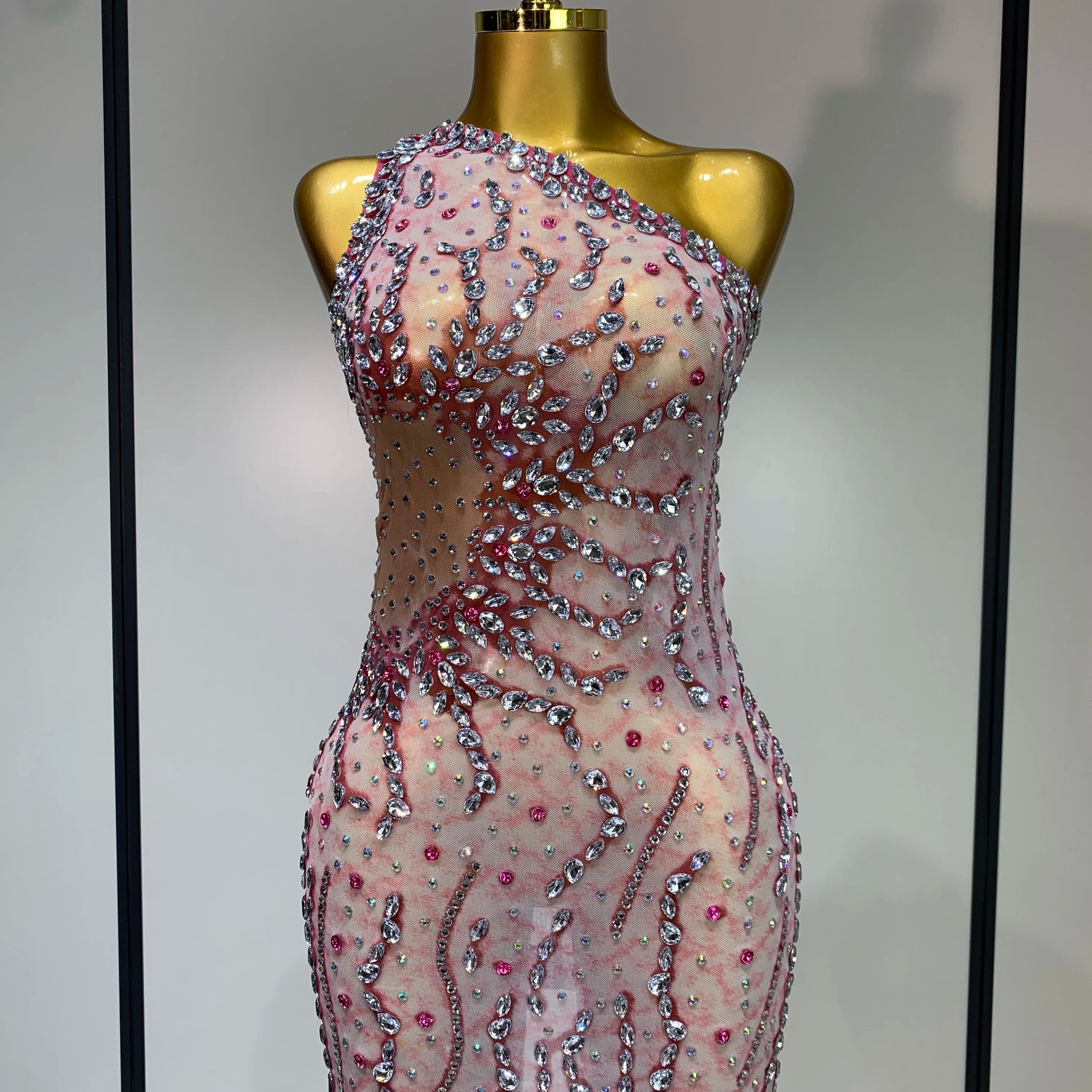 Women Sexy Mesh See Through Rhinestone Mini Dress Stage Dancer One Shoulder Stretch Night Club Party Birthday Dress Stage Outfit