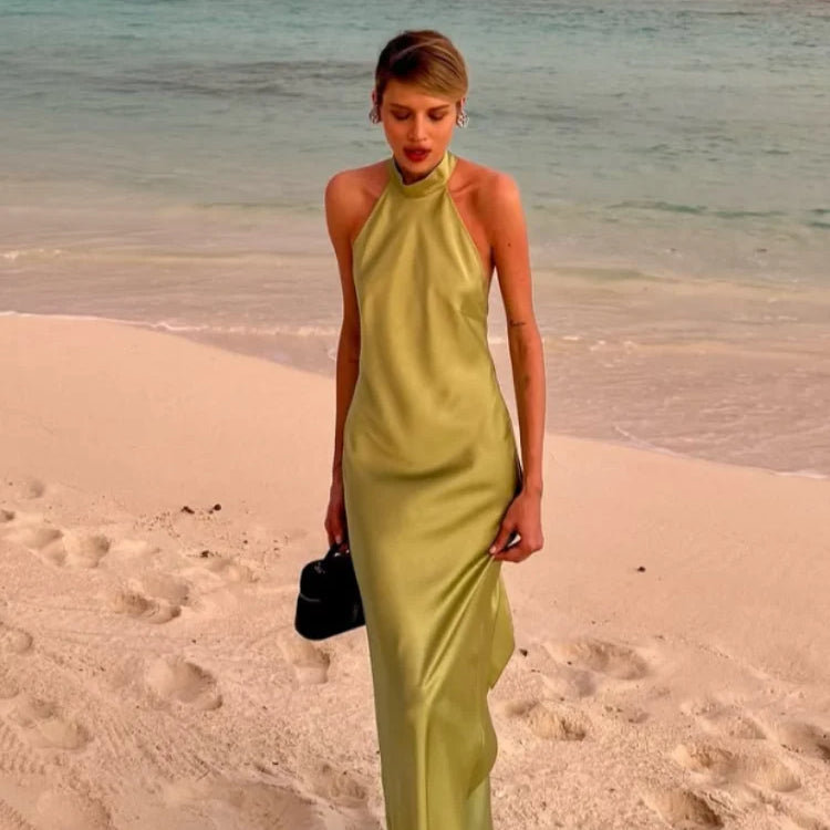 Elegant Green Satin Sleeveless Maxi Dress Chic Stand Neck Lace Up Backless Dresses New Female Summer Vacation Beach Vestido 2025