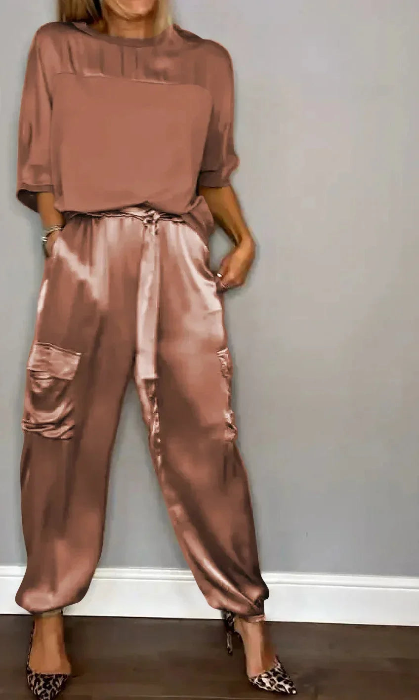 Summer Fashion Solid Satin Two Piece Set Women Round Neck Long Sleeved Top Long Pants Casual Loose Two Piece Set Women Dark Brown