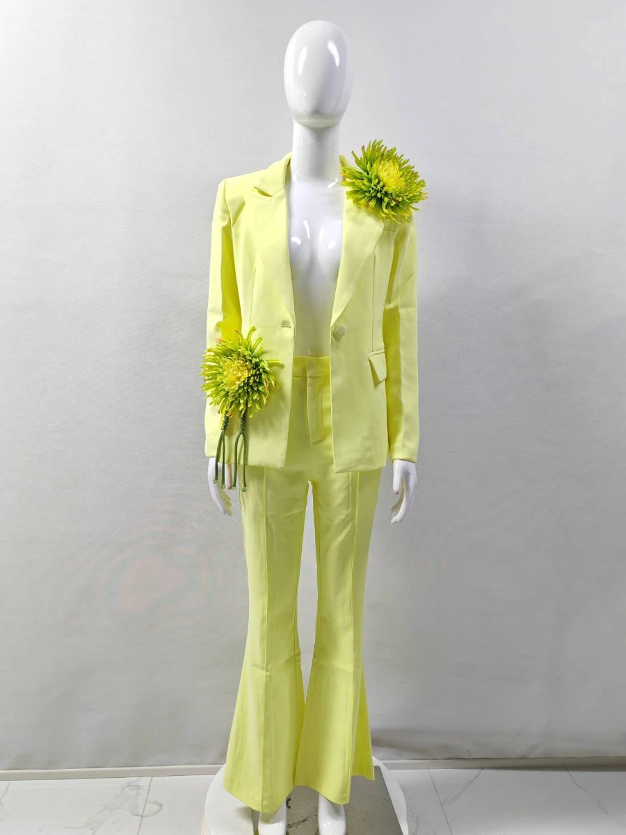 TWOTWINSTYLE Solid Slimming Spliced 3D Flower Two Piece Sets for Women Lapel Long Sleeves Patchwork Button Top Pant Set Female