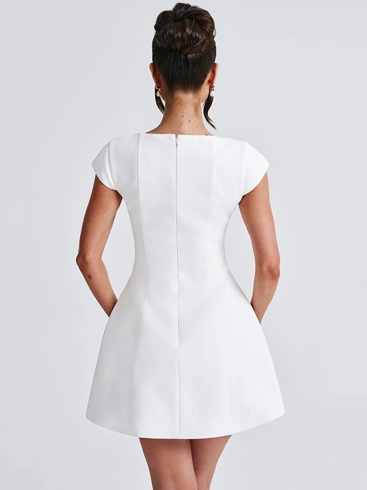 Square Collar Short Sleeve Mini Dress For Women Robe Fashion Solid A-line Loose High Waist Short Dress Elegant