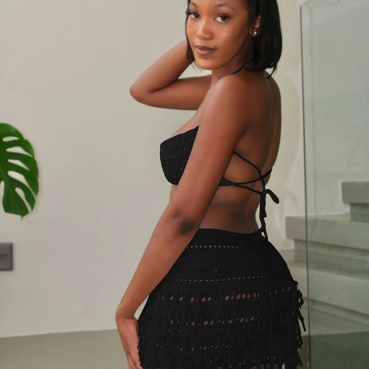 CM.YAYA Beach Holiday Knit Crochet Tassel Women Two 2 Piece Set Outfits Bra Top and Mini Skirt Suit 2024 INS Street Dress Set