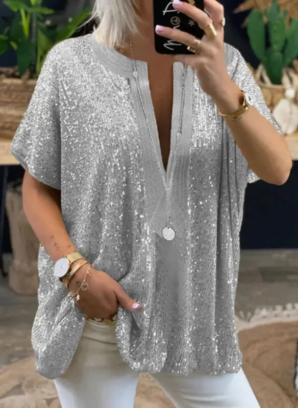 Women Blouses and Tops Large Size Designers Summer Short Sleeve V Neck Sequin Splic Long Shirts Womans Clothing Silver