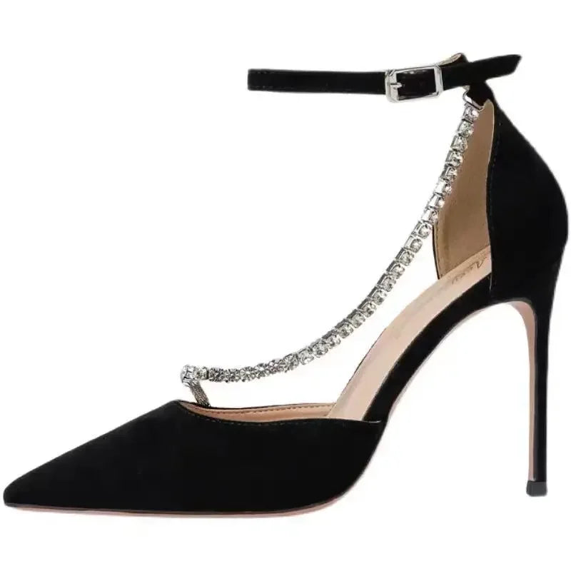 Ladies High Heels Sexy Women's Sandals Pointed Stiletto Rhinestone Buckle Women's Shoes Party Ladies Single Shoes Black black