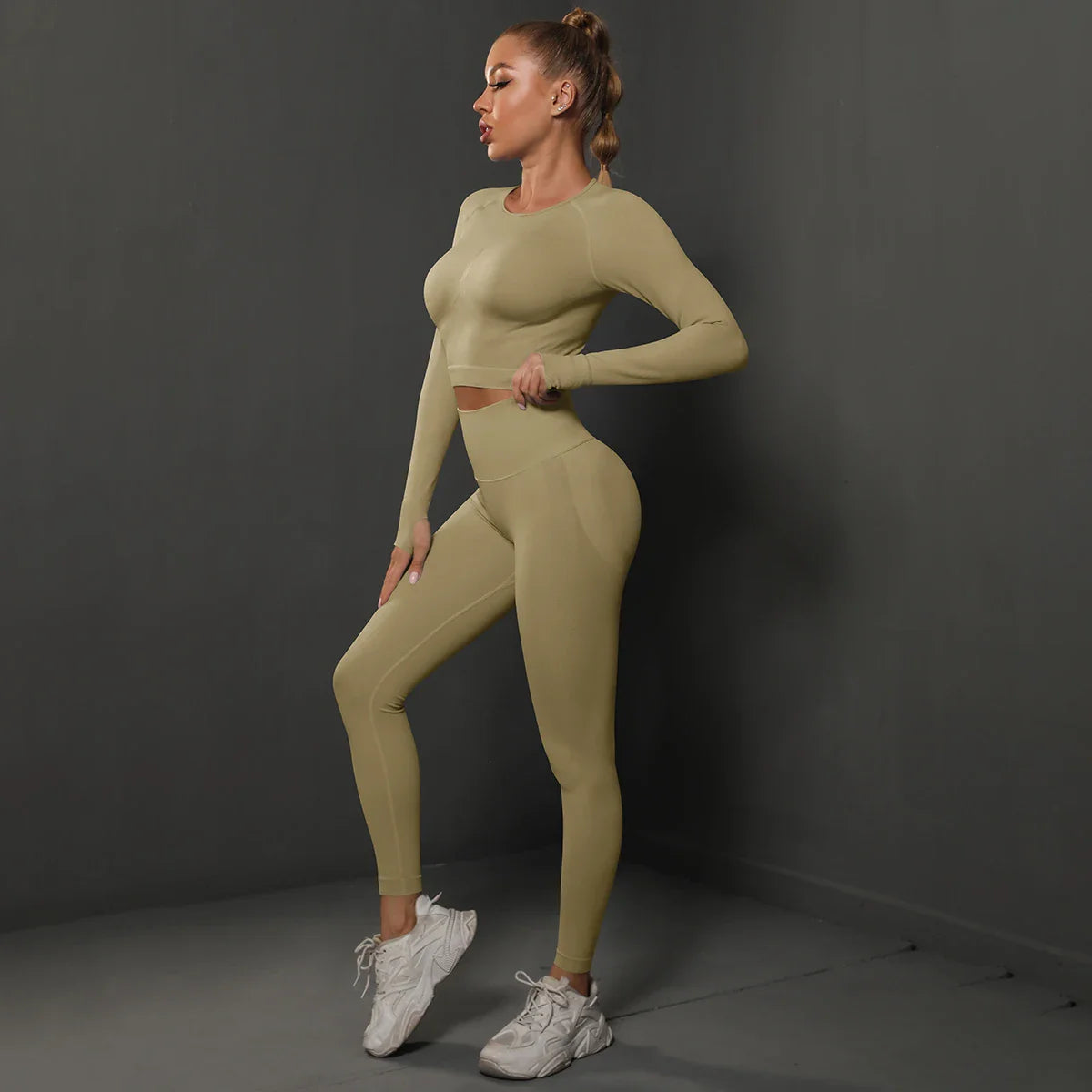 2Pcs Women Sets Energy Seamless Gym Suits Bubble Butt Sports Pants+Long Sleeve Shirts Push Up Running Sets Tracksuits Tights Set Khaki