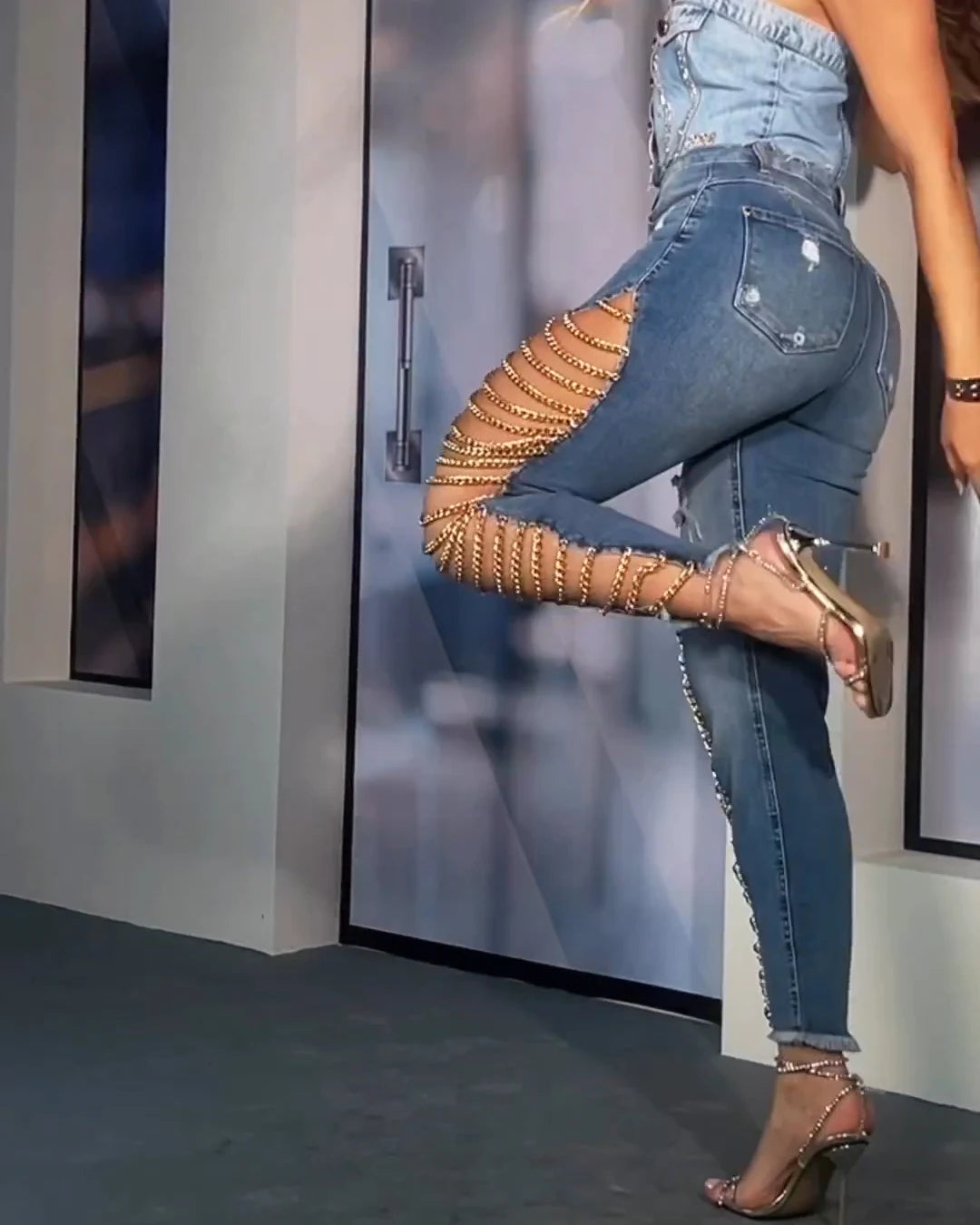 Sexy Skinny Slim Fit High Waist Jeans for Women Trendy Demin Pants Party Peach Button