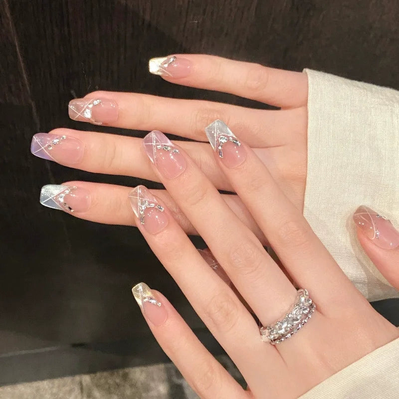 10Pcs Mid-length Ballet Square Head Manicure Art French White Edge Flowers Designs Sweet Coffin Beauty Nails Wearable Fake Nails