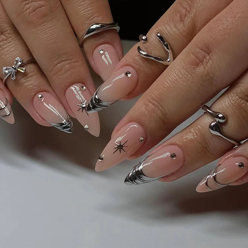 24Pcs Mid-length French Almond Press on Nails 3D Silver Line Design False Nails Star Pattern Reusable Full Cover Fake Nails Tips