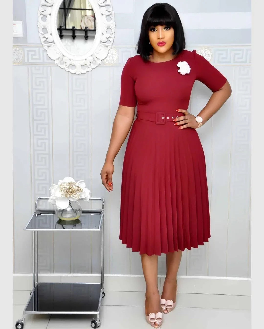 CM.YAYA Summer Midi Pleated Dress Short Sleeve Office Lady Africa Sashes Women High Waist Elegant Dresses Vestidos