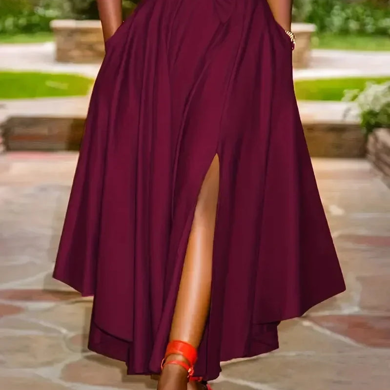 New Women's Fashion Elegant Split Hem Skirts Irregular Design Pleated Maxi Skirt High Waist Solid Lace-up Party Long Dress Femme Deep Red
