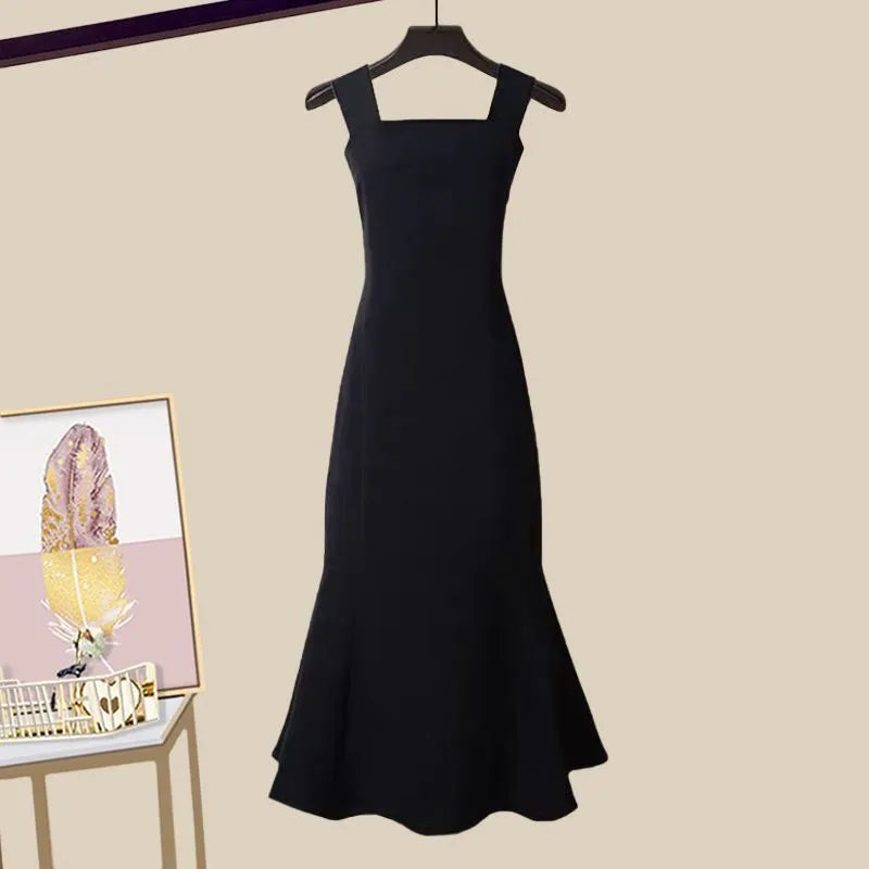 Autumn and Winter Set Women's New Korean Version Slim Cross Sweater Strap Fishtail Skirt Two Piece Set Fashion Black Dress