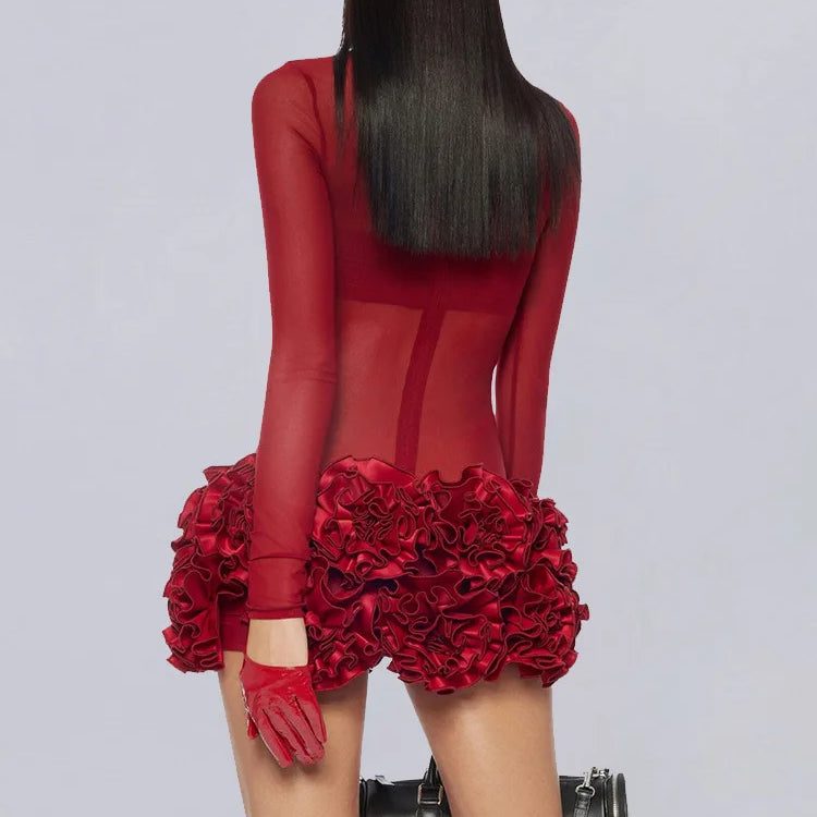 Vestido curto bandage sexy de malha transparente para mulheres, de Natal, com estampa floral, para boate, festa, bar, cantora, traje para apresentação