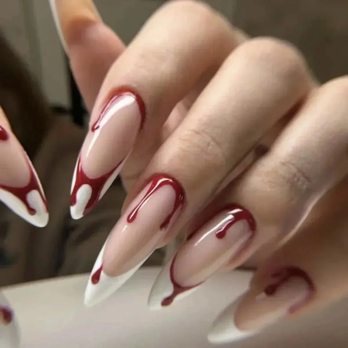 French Tips Press on Nails Long Fake Nails Black White Anime Comics Design Full Cover Punk Acrylic Artificial False Nails 24PCS