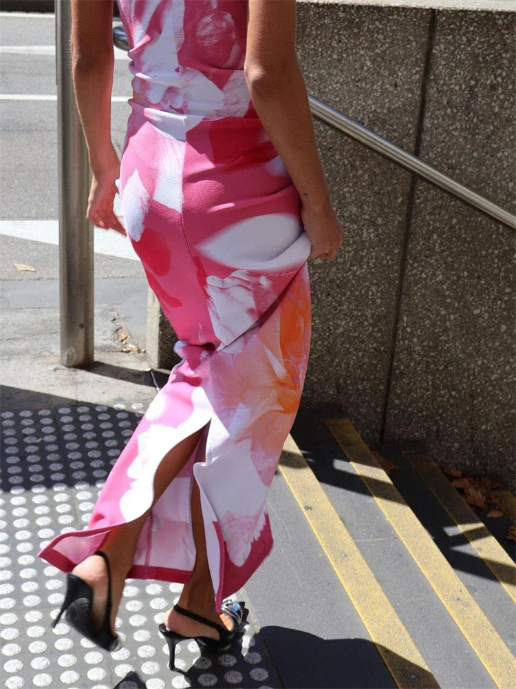 Tossy Contrast Spaghetti Slim Maxi Dress Female Printed Off-Shoulder Fashion Holiday Beach Dress Patchwork Summer Party Dress