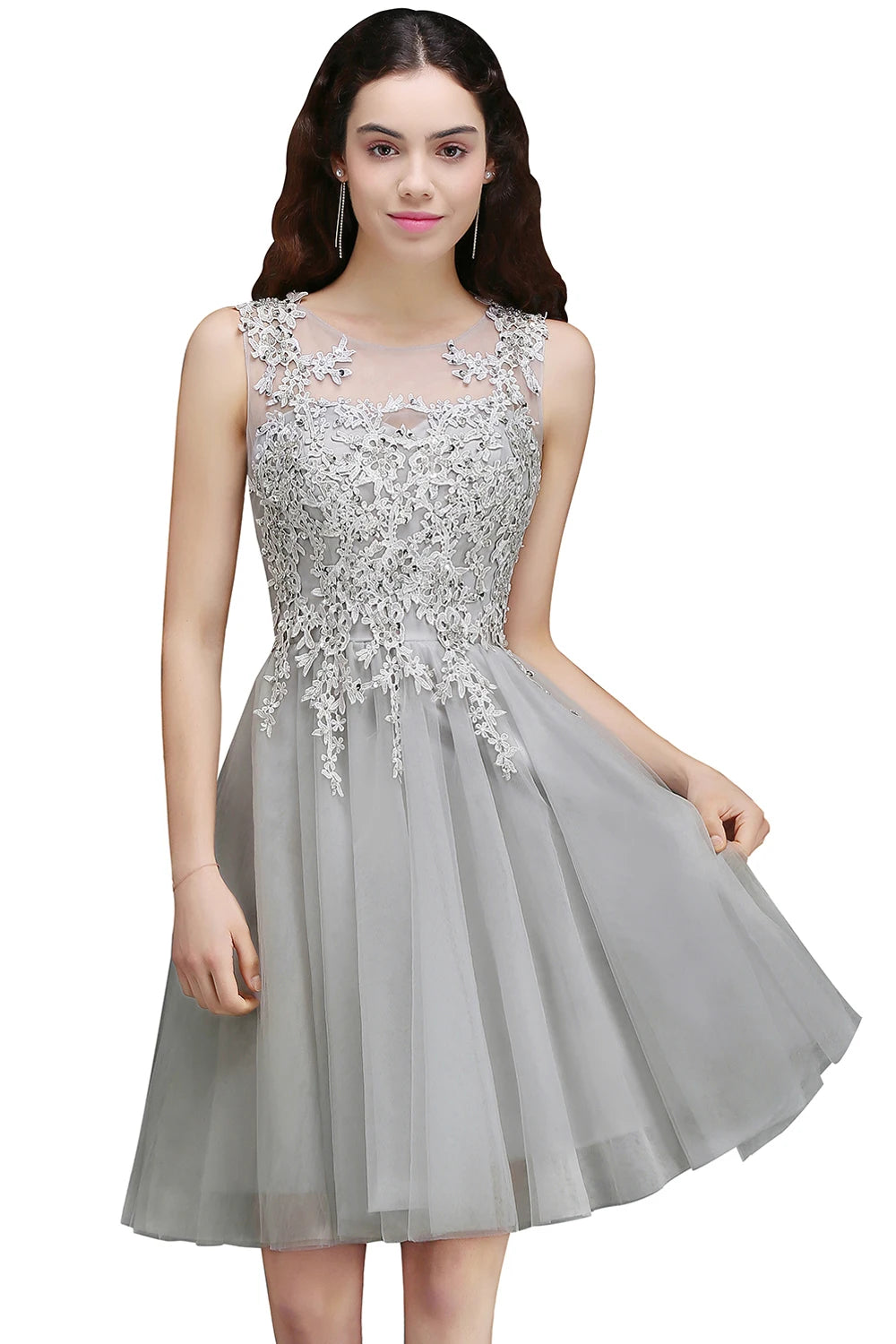 Short Homecoming Dress Illusion Neckline Sleeveless Floral Appqulies Evening Dress With Integrated Cup Chiffon Skirt Sliver
