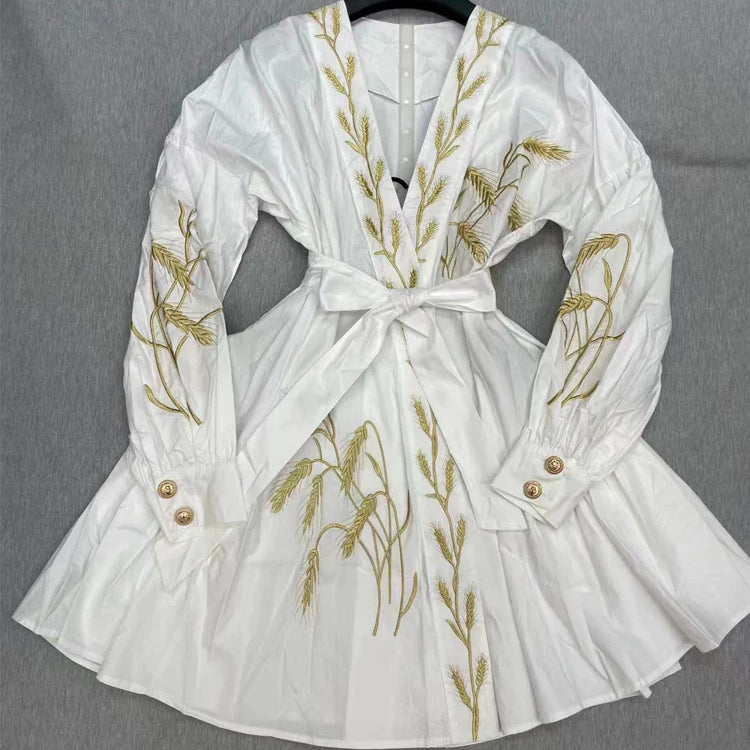 SEQINYY Casual Mini Dress Summer Spring New Fashion Design Women Runway High Quality Embroidery Flower Shirt Fabric Holiday WHITE CHINA