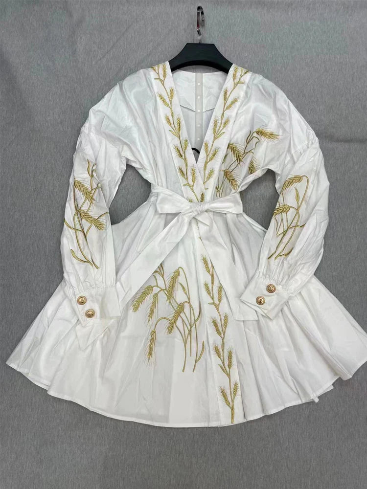 SEQINYY Casual Mini Dress Summer Spring New Fashion Design Women Runway High Quality Embroidery Flower Shirt Fabric Holiday WHITE CHINA